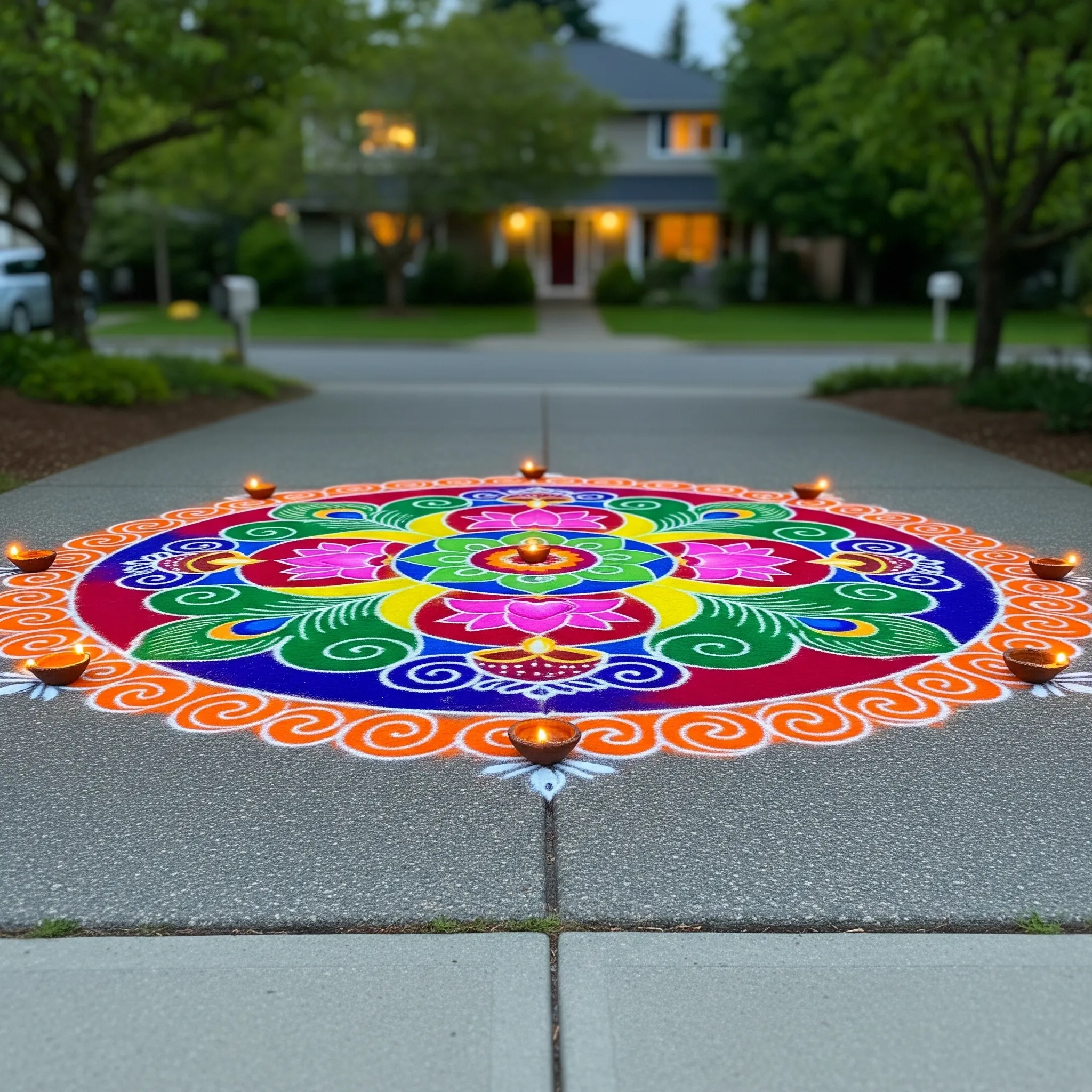 Detailed rangoli on a driveway